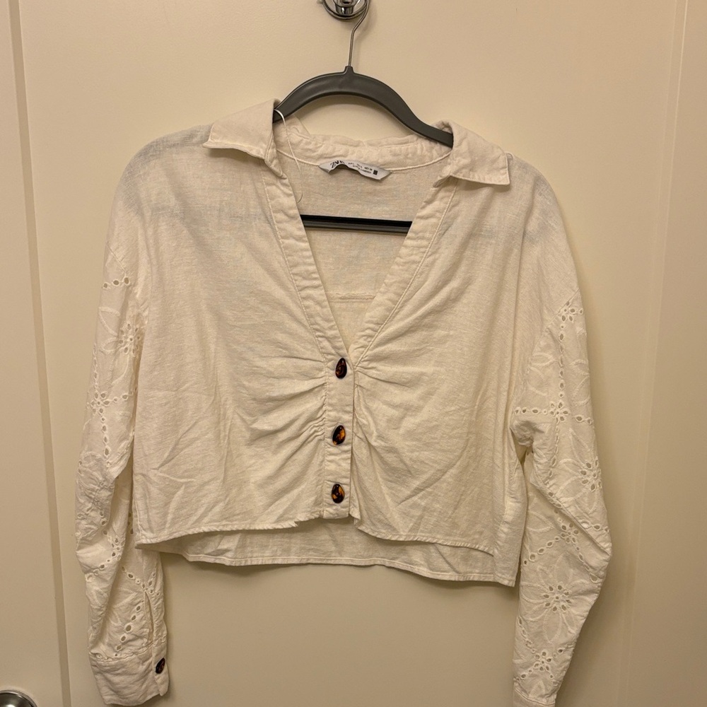 Zara Cream Button-Up Blouse with Embroidered Sleeves